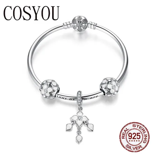 

COSYOU 100% 925 Sterling Silver Four-leaf clover Charm Bracelets for Women Snowflake Clasp Bracelets & Bangles Jewelry SCB812