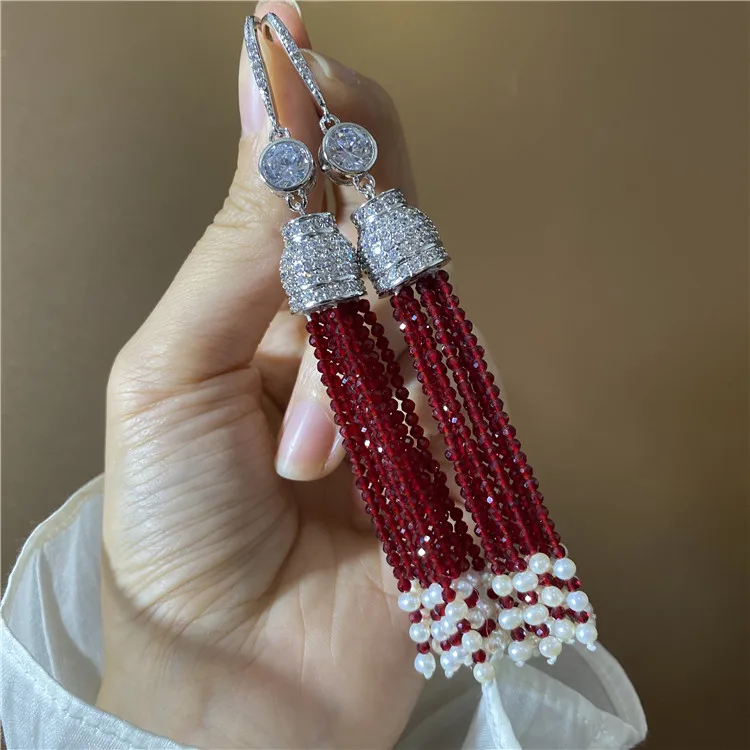 

New Tassel Carnelian With Natural Freshwater Pearl Earrings Vintage Red Color Series Pearl Earrings Jewelry Gifts