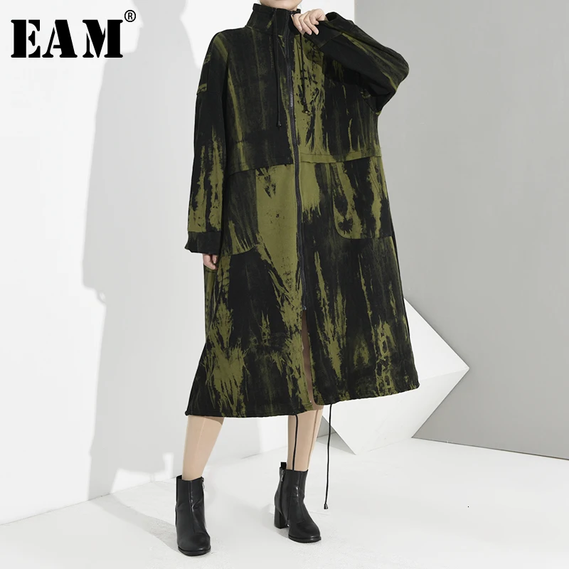 low cost  [EAM] Loose Fit Green Pattern Big Size Long Jacket New Stand Collar Long Sleeve Women Coat Fashion 