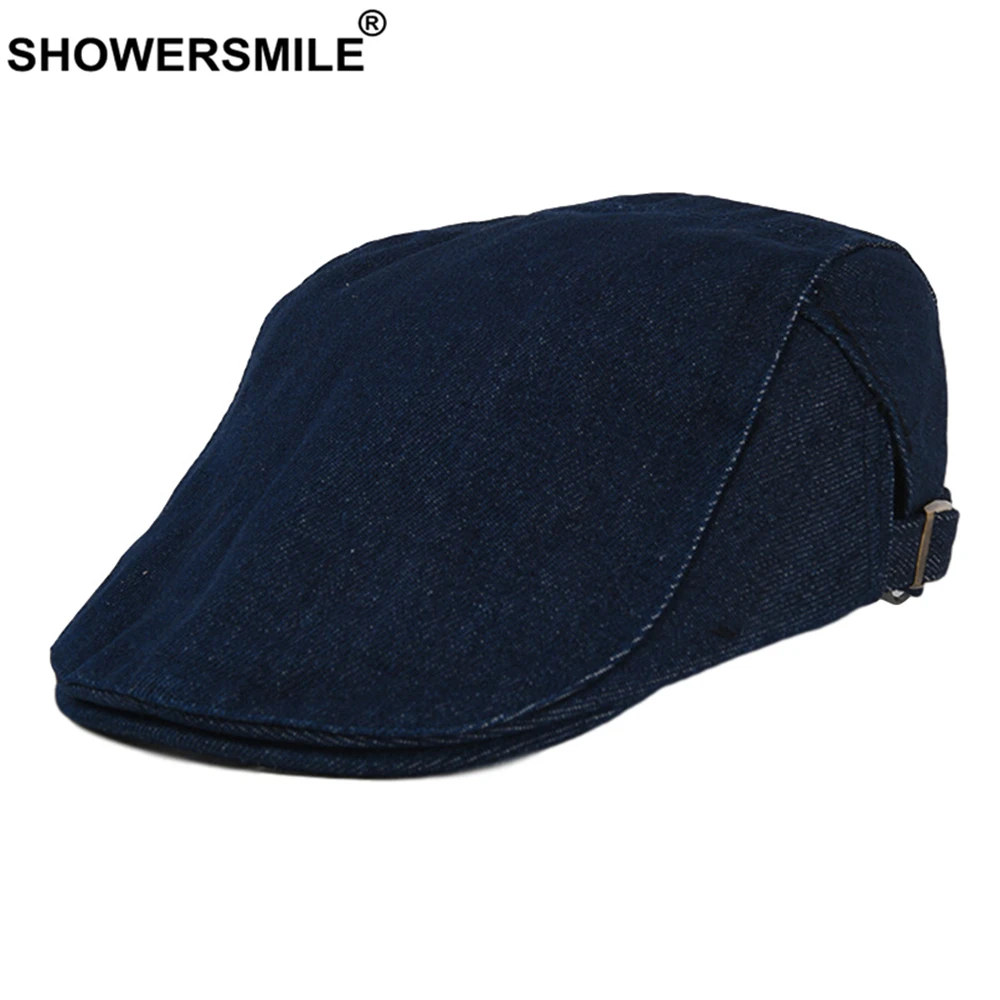 

SHOWERSMILE Visors Denim Flat Cap British Berets Cap for Women Men Adjustable Ivy Newsboy Brand Vintage Solid Blue Painter Hat