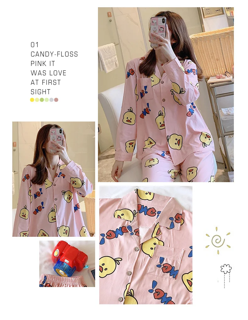 CAIYIER Autumn Winter New Sleepwear Set Women Turn-down Collar Pajamas Cute Cartoon Pattern Button Top+Pants Leisure Home Wear