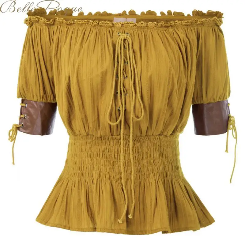 Belle Poque, женские топы, винтажная рубашка, с открытыми плечами, половина рукава, готические топы, Ретро стиль, для девушек, стимпанк, повседневная одноцветная футболка