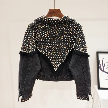 

2020 Spring Fall Jeans Coat Women's Short Long Sleeve Cowboy Jacket Bead Rivet Diamond Denim Jackets Harajuku Coats Student Tops