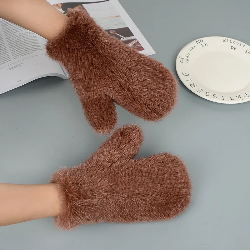 Mink Fur Orange Gloves Women Winter New Korean Version Of The Warm Cute Female Suede Weaving Fingers Fur Gloves