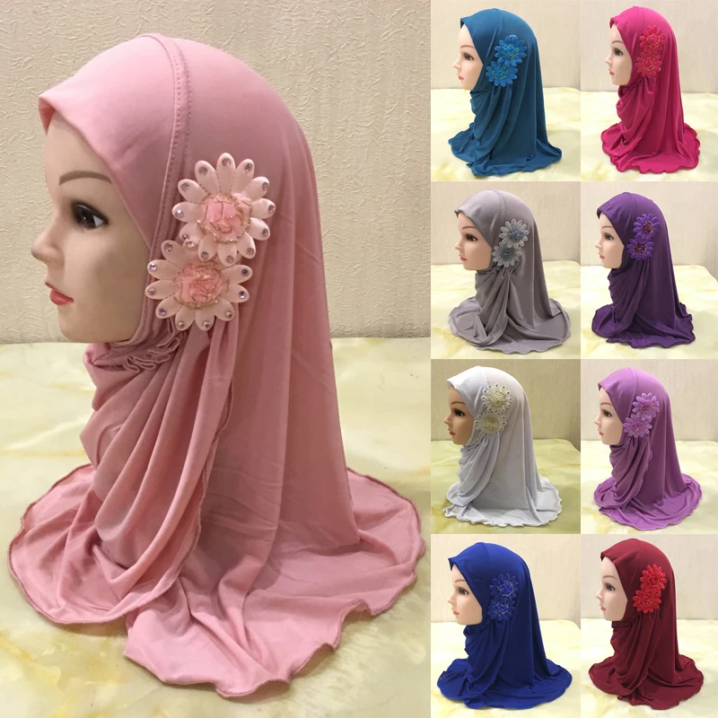 Muslim Girls Hijab Scarf with Flower Appliques Islamic Kids Plain Turban Head Wrap Shawls Elastic Kid Burqa for 2-7 Years Old |