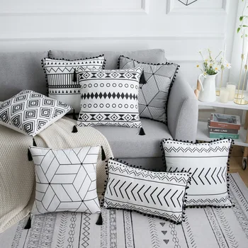 

Bohemian Style White Velvet Cushion Cover black Stripe Tassels Throw Pillow Covers for Home Decoration Sofa Chair Car Pillowcase
