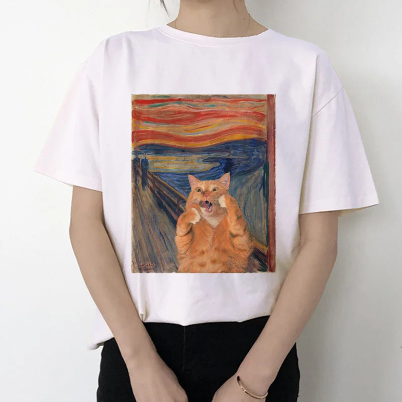 Забавная женская футболка с котом,, микеланжело, Корейская, Kawaii, Ulzzang, футболка, женская, графическая, короткий рукав, принт, футболка с круглым вырезом, модная