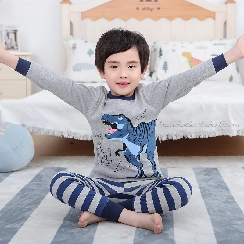 100% Cotton Dinosaur Pajamas for Boys 2-14Y Teen Kids Sleepwear Grey Navy Blue Striped Pijamas Set Winter Child Girls Pyjamas elegant pajama sets Sleepwear & Robes