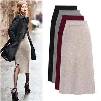 

Large Size Fat mm Knitted Skirt Women's Autumn and Winter Plus-sized Sister Split Mid-Length Elastic Bag Hip Step Skirt
