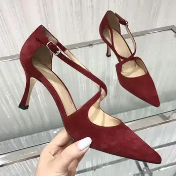 

kmeioo classic cross-strap shoes woman ankle strap sandals basic black red high heels pointed toe stiletto