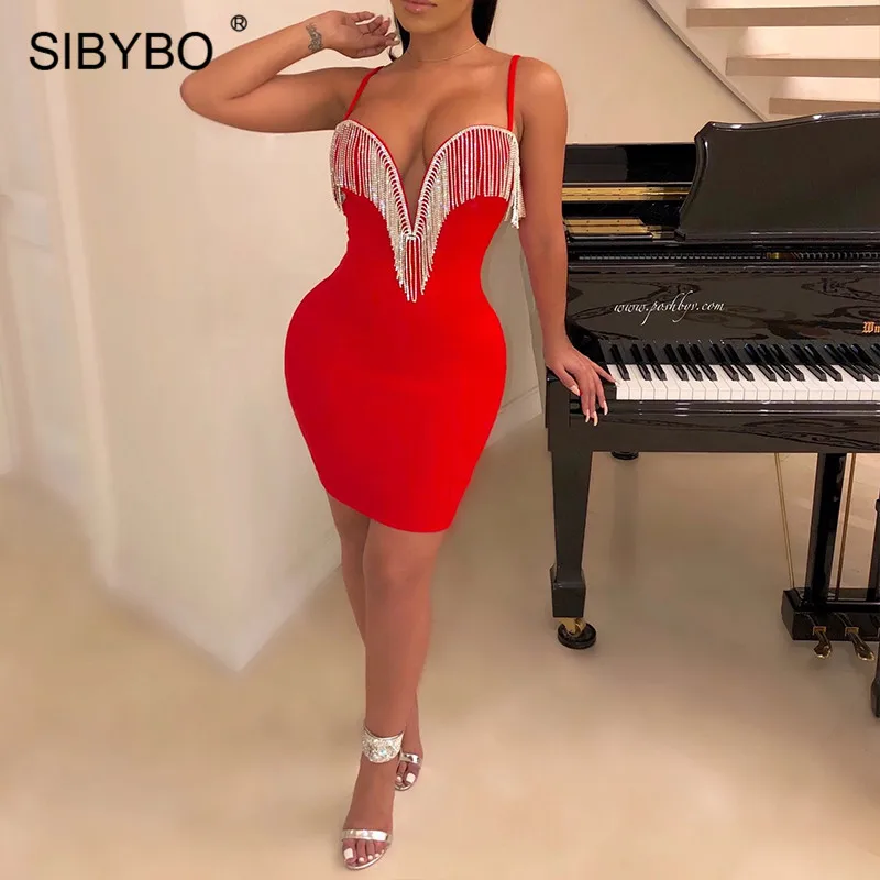 Red Сексуальное женское платье с открытой спиной и кисточками, SIBYBO бриллиантами, тонкими бретельками и v-образным вырезом, облегающее мини-платье с открытой спиной, Клубные вечерние платья - Color: Red