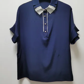 

New 100% silk blouses Mulberry silk satin silk double Joe compressive fold collar short sleeve shirt S M L XL