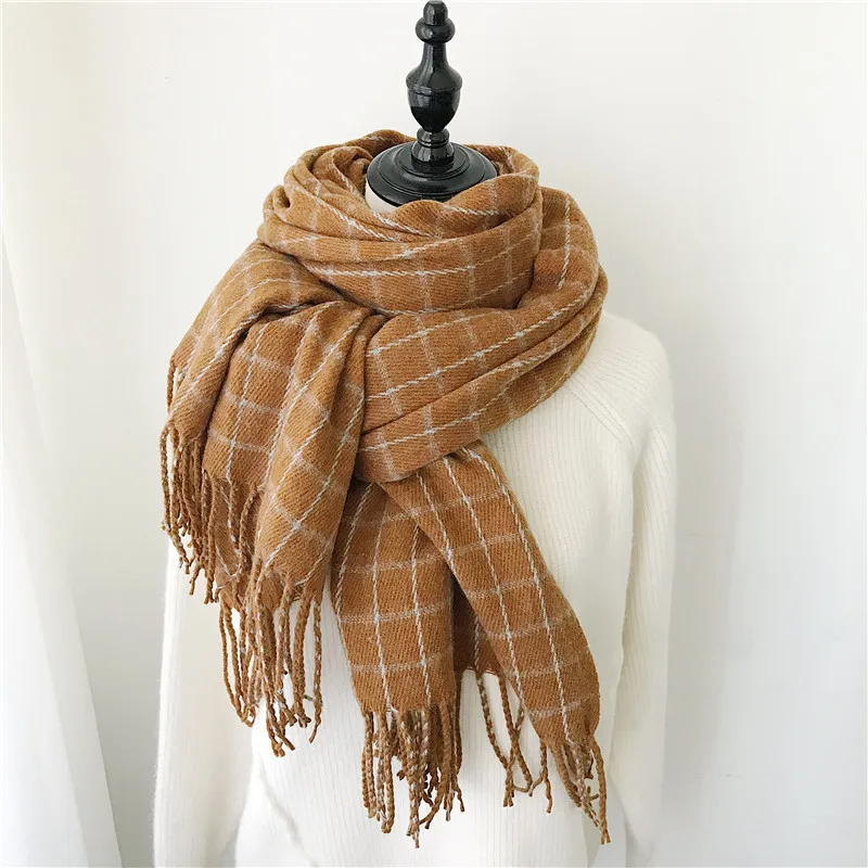 Winter Cashmere Scarves With Tassel Thick Warm Poncho Wool Plaid Print Neck Scarf For Women Fashion Shawls and Wraps Ladies