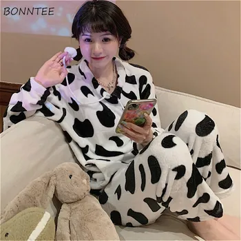 

Pajama Sets Women Daily White Warm Soft Winter Long Sleeve Cute Coral Fleece Chic Two Piece Teens Mujer Home Wear Thick Ulzzang