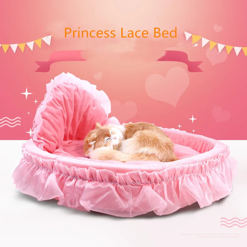 Pet Dog Pink Bed Kennel Puppy Princess Bows Lace Heart Elegant Lovely Bed Doghouse Pet Warm Bed For Small Puppy Dogs Mat