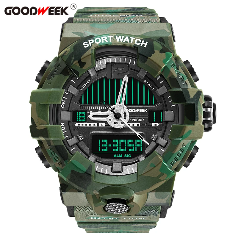 

GOODWEEK Waterproof Man Sport Watch Led Digital Multi-functional Military Quartz Watches Dual Display Watches Relogios Masculino