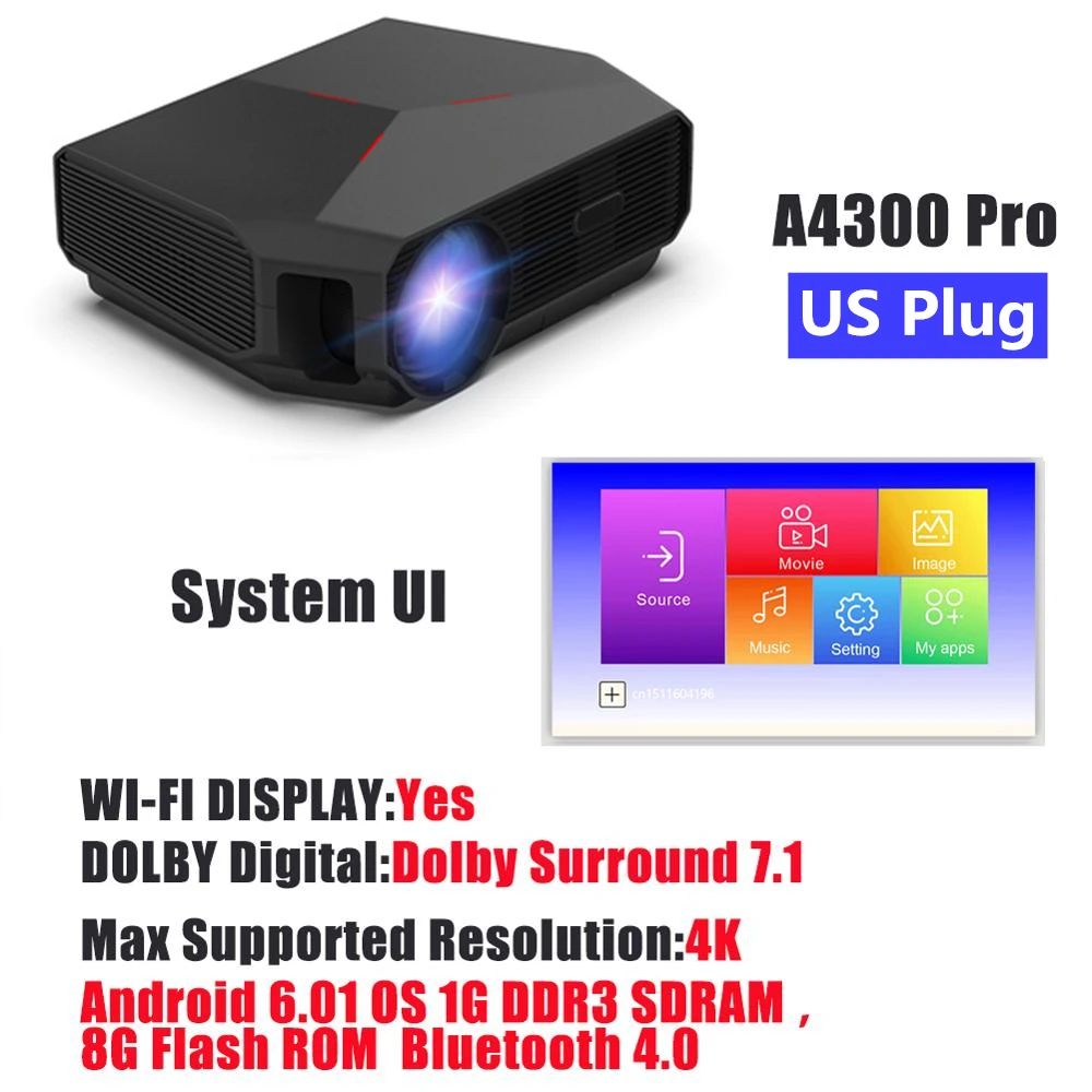 TRANSJEE support 1080P 4K Mini Projector For Smartphone LED HD Android 6.01 OS Phone Projector 4600 Lumens A4300Pro проектор projector slides Projectors