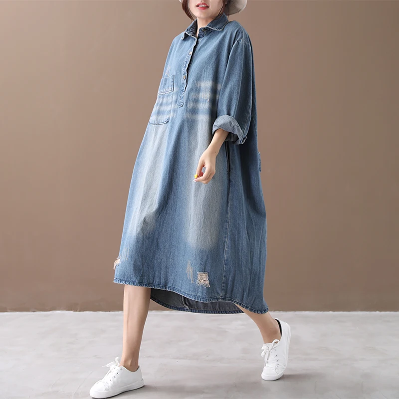 SuperAen/осень, джинсовое платье в Корейском стиле, женское свободное модное платье большого размера с отверстиями и длинными рукавами, повседневная женская одежда