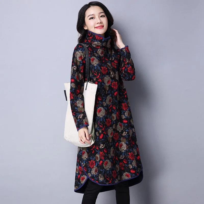 

New 2020 Red Loose Cotton Women Dress Female Autumn Winter Women's Turtleneck Add Velvet Floral Dresses Vestidos WXF594 's es
