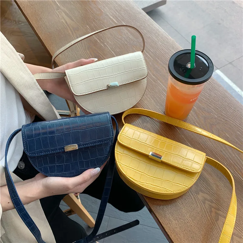 

Women Bag Retro Stone Saddle Bag 2020 Spring and Summer New Fashion Semi-circular Bag Simple Shoulder Messenger Bag