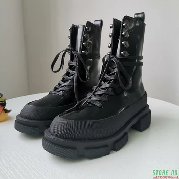 

Patent Leather Women's Motorcycle Boots 2020 Brand Women Platform Ankle Boot Fashion Rivets Ladies Shoes Winter