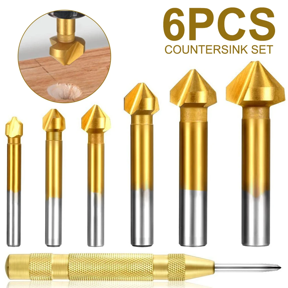 High Speed Steel Durable Countersink Drill Bit Set 6pcs Countersink for Chamfering Aluminum Plastic Wood Deburring Countersinking
