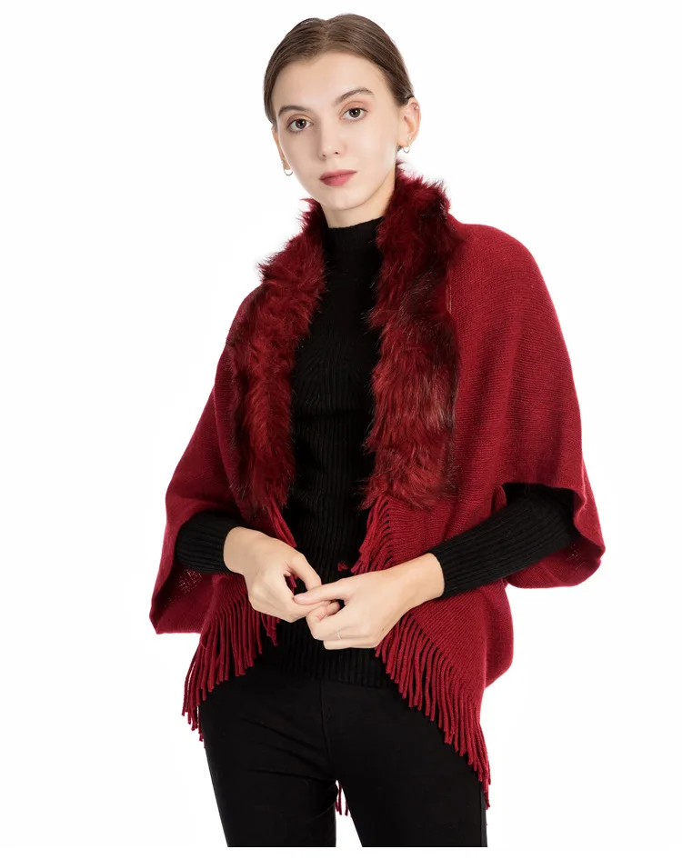OMEA Fur Collar Poncho Women Winter Knitted Pullover Poncho with Tassel Women Shawl Solid Color Female Ponchos and Capes Ladies
