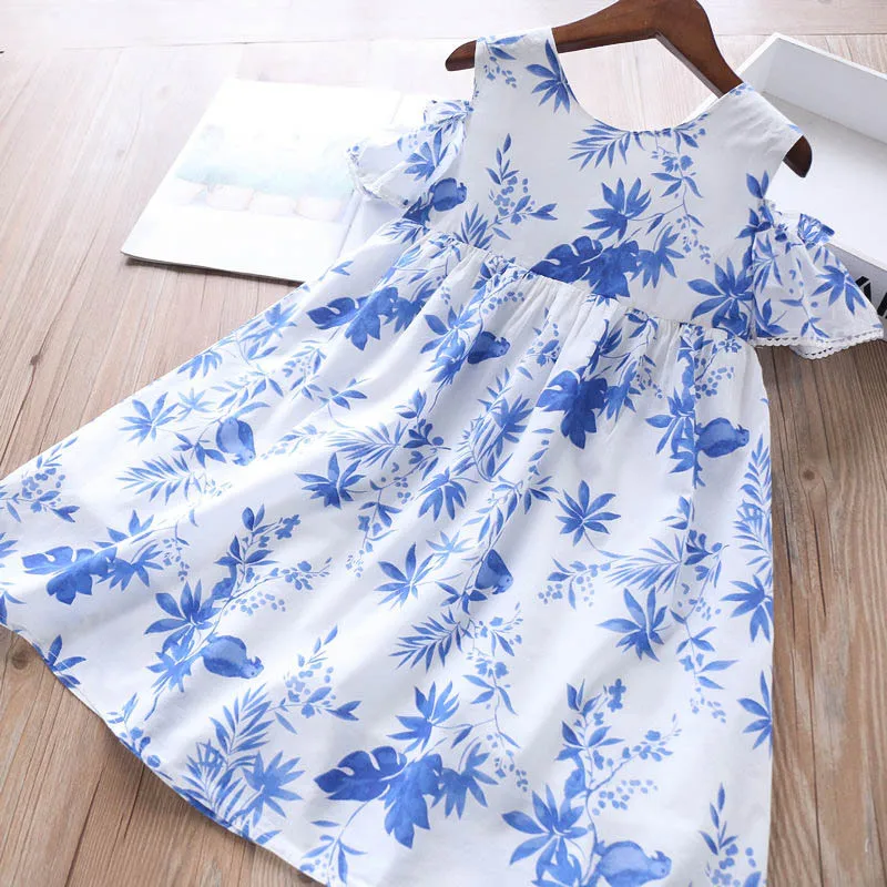Новое весеннее кружевное платье голубого и белого цветов с вырезами на плечах для девочек детское платье, для детей возрастом от 2 до 7 лет