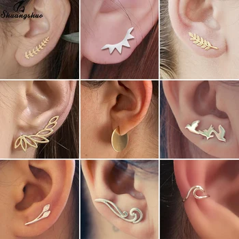 

New Fashion Jewelry Geometric Earrings Ear Climber Exquisite Leaf Stud Earrings For Women Punk Wave Feather pendientes