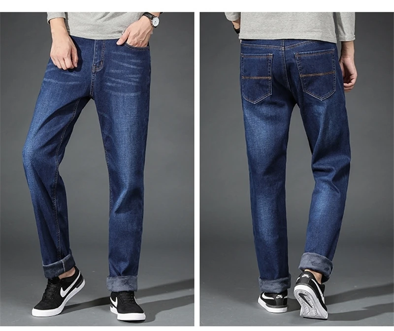 Зимние теплые мужские синие и черные джинсы, плотные Стрейчевые прямые джинсы из денима, мужские хлопковые брюки, большие размеры 40 42 44037