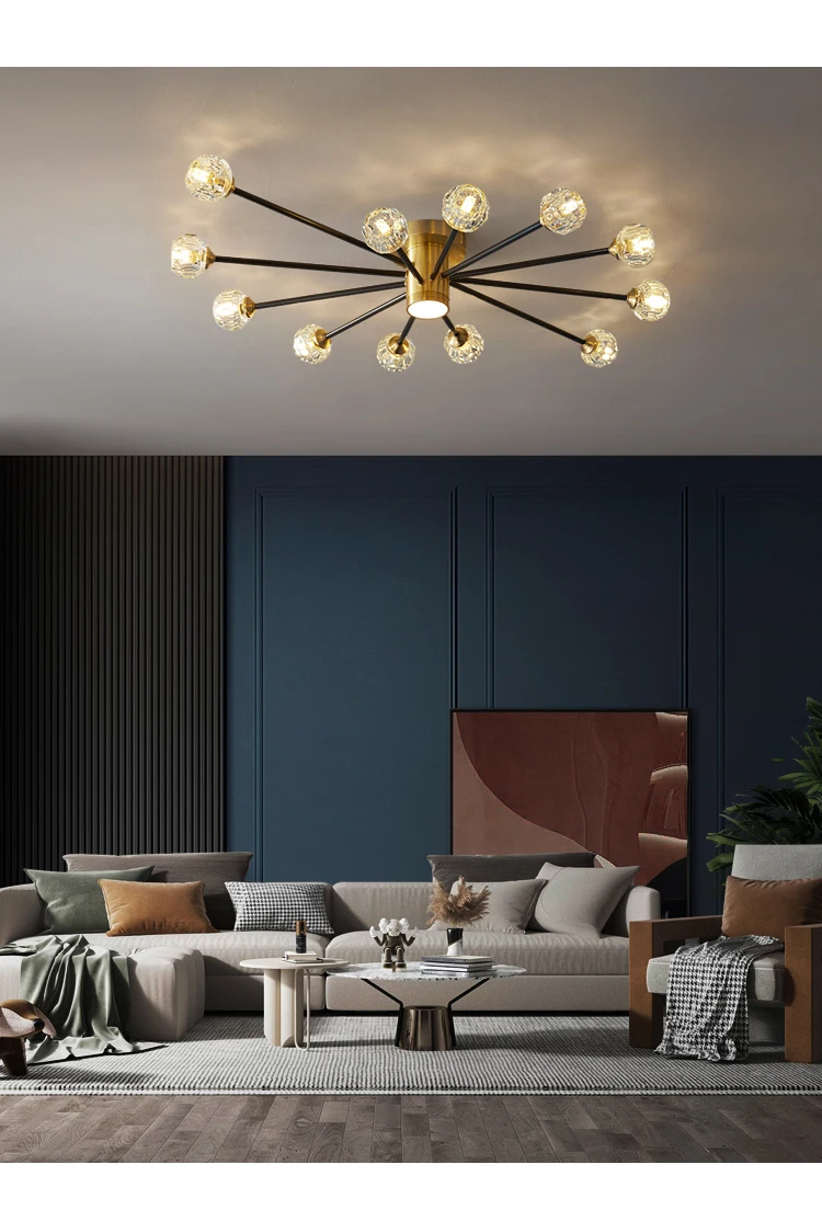 Modern luxury copper crystal ceiling lamp lighting American retro lamp restaurant golden luster molecular art ceiling lamp