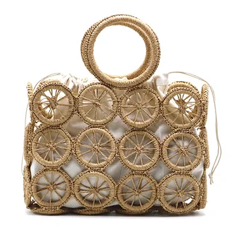 

FGGS-Vintage Hollow Bags Wooden Handle Rattan Woven Beach Handbags Wheel Design Totes Lady Purses