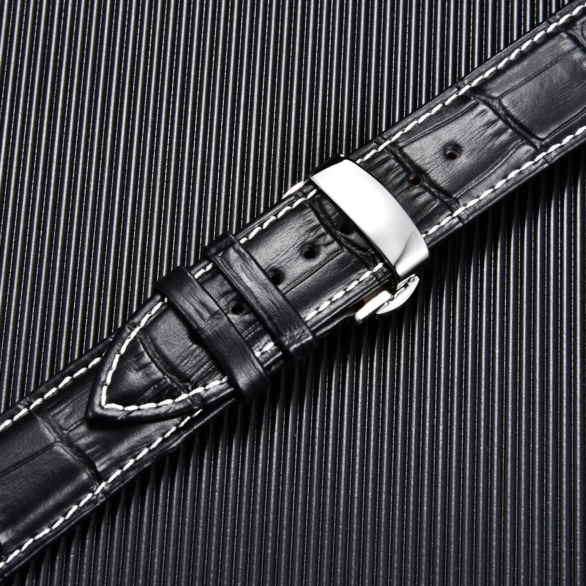 Premium Genuine Leather Watchband with Butterfly Buckle - Elegant Men's Strap Accessory