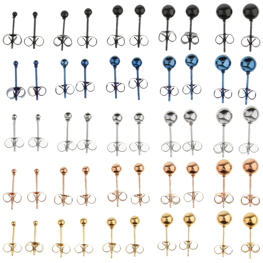 5 Pairs 20 Gauge Stainless Steel Stud Earrings Round Ball Men Women Assorted Size Ball 2mm 3mm 4mm 5mm 6mm