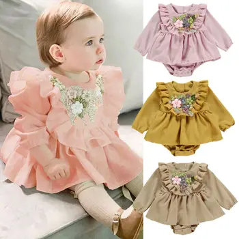 

CANIS Autumn Kid Baby Girl Clothes Long Sleeve 3D Flower Ruffles Lovely Fashion Romper Dress Overall Outfit Set