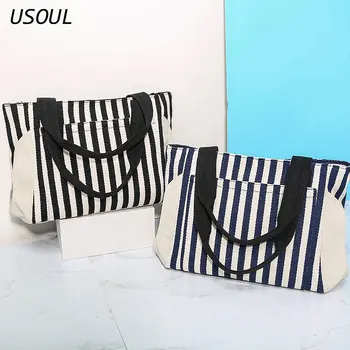 

USOUL Baggage Girl 2020 New Colour Stripe Canvas Baggage Girl Single Shoulder Canvas Bag Large Capacity Shopping Bag