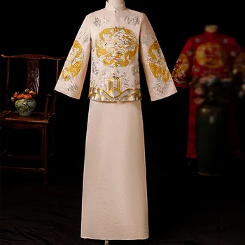 

Beige Groom Vintage Loose Cheongsam Traditional Chinese Wedding Gown Satin Qipao Embroidery Dragon Costume Vestido Oriental Mens
