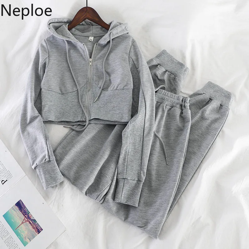 

Neploe Simple Casual Hooded Short Jacket+ High Waist Lace Up Pants Autumn 2 Pcs Women Set Wild Slim Fit Conjuntos De Mujer 46751