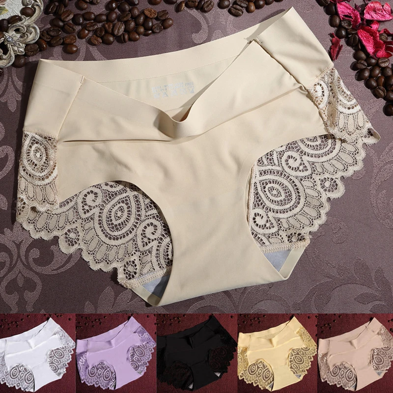

Sexy Hollow Out Seamless Women's Panties Lace ice silk smooth Briefs Mid-Rise Intimates Fashion Female Lingerie New 2020