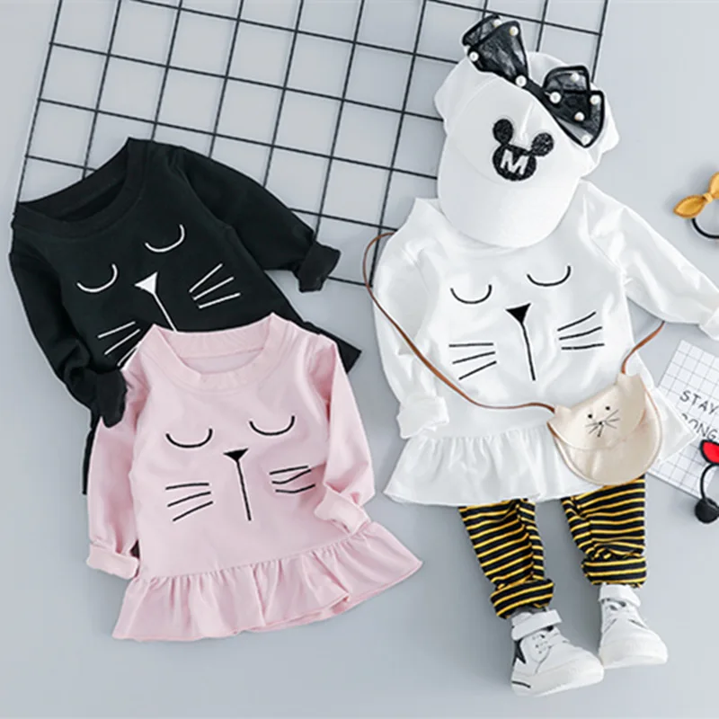 

Infants GIRL'S Suit Cartoon Cat Hoodie Skirt plus Stripes Leggings 19 Spring Clothing New Style Childrenswear 1-4-Year-Old