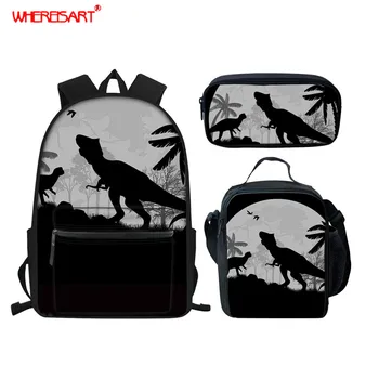 

WHEREISART 3Pcs/Set Boys Big Capacity School Bag Cool Colorful Dinosaur School Backpack for Kids High School Bookbag with Pencil