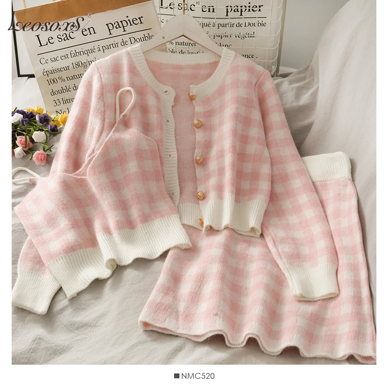

Sweet Plaid Three-Piece Women's New O Neck Single-Breasted Long-Sleeved Loose Sweater with Short Strap two piece set skirt