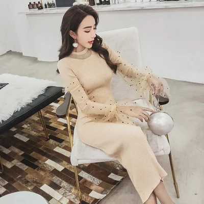 

Oshangchaopin Women Autumn Casual Sweater Dress Mesh Patchwork Long Sleeve Bodycon Elegant Office Lady Knitted Dress Vestidos