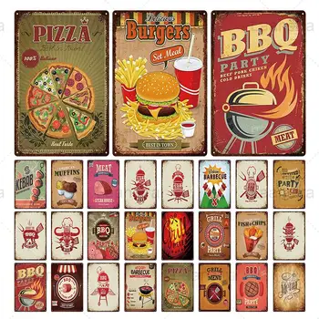 

Metal Poster Tin Sign Fast Food & BBQ Party Iron Sheet Picture Club Bar Restaurant Open Place Decor Iron Painting Wall Home Deco
