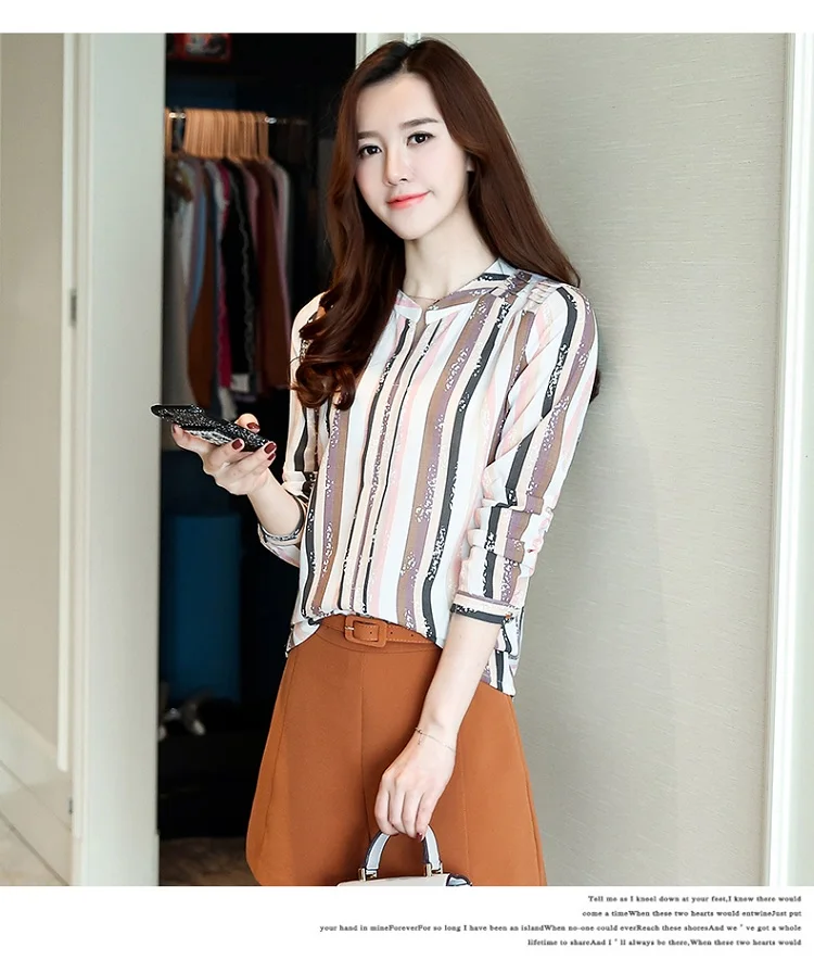 Nova primavera e outono CorEia moda шифоновая блуза blusa das mulheres в полоску impresso blusas de Manga comprida