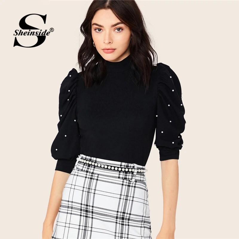 

Sheinside Black Elegant Pearls Beaded Puff Sleeve Blouse Women 2019 Autumn Half Sleeve Blouses Office Ladies Solid Crop Top