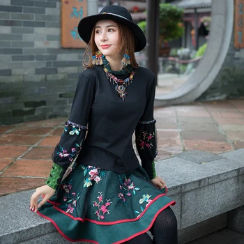 

KYQIAO camiseta mujer boho t shirt women winter Mexico style long sleeve turtleneck hippie black embroidery shirt tee tops