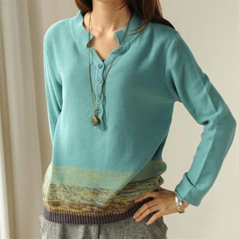 

Spring Autumn Arts Style Women Long Sleeve Loose Pullovers 100% Cotton Female Knitted Sweater Vintage Casual Pullover D480