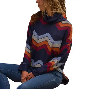 

New 2019 Spring Womens Long Sleeve Knit Sweater Ladies Print Turlteneck Pullover Top Striped Off Shoulder Vintage