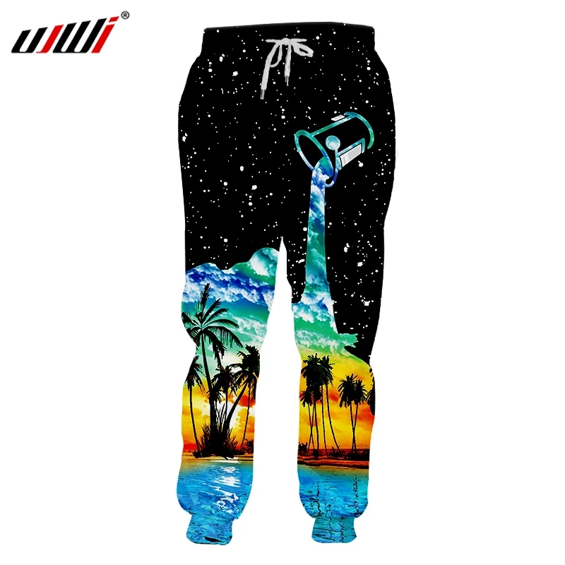 

UJWI 3d Print Star Milk Cup Sweatpant Scenic Coconut Tree Hiphop Sweat Pants Fall Winter Elastic Waist Full Length Joggers Pants